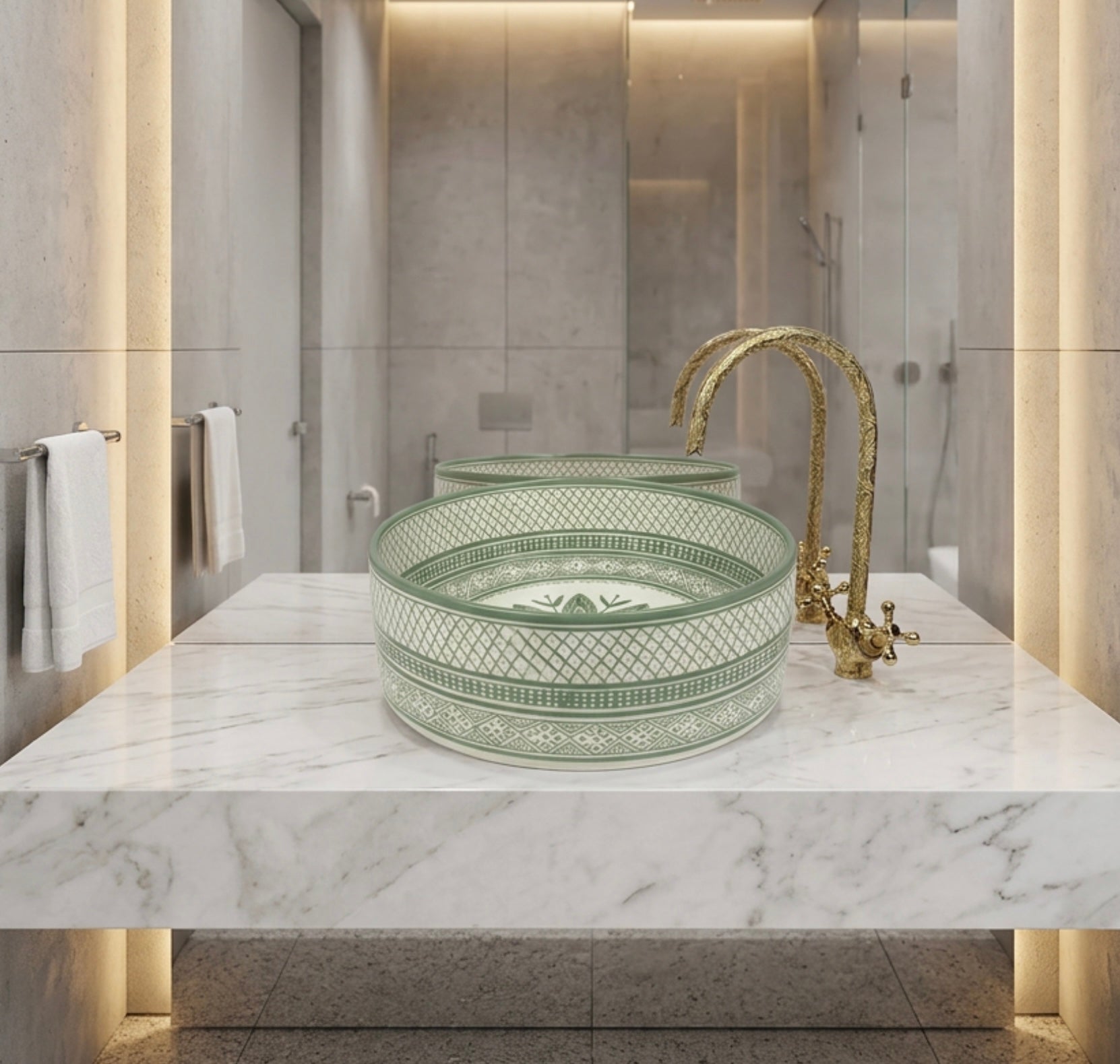 Moroccan Handcrafted round ceramic vessel sink sage green