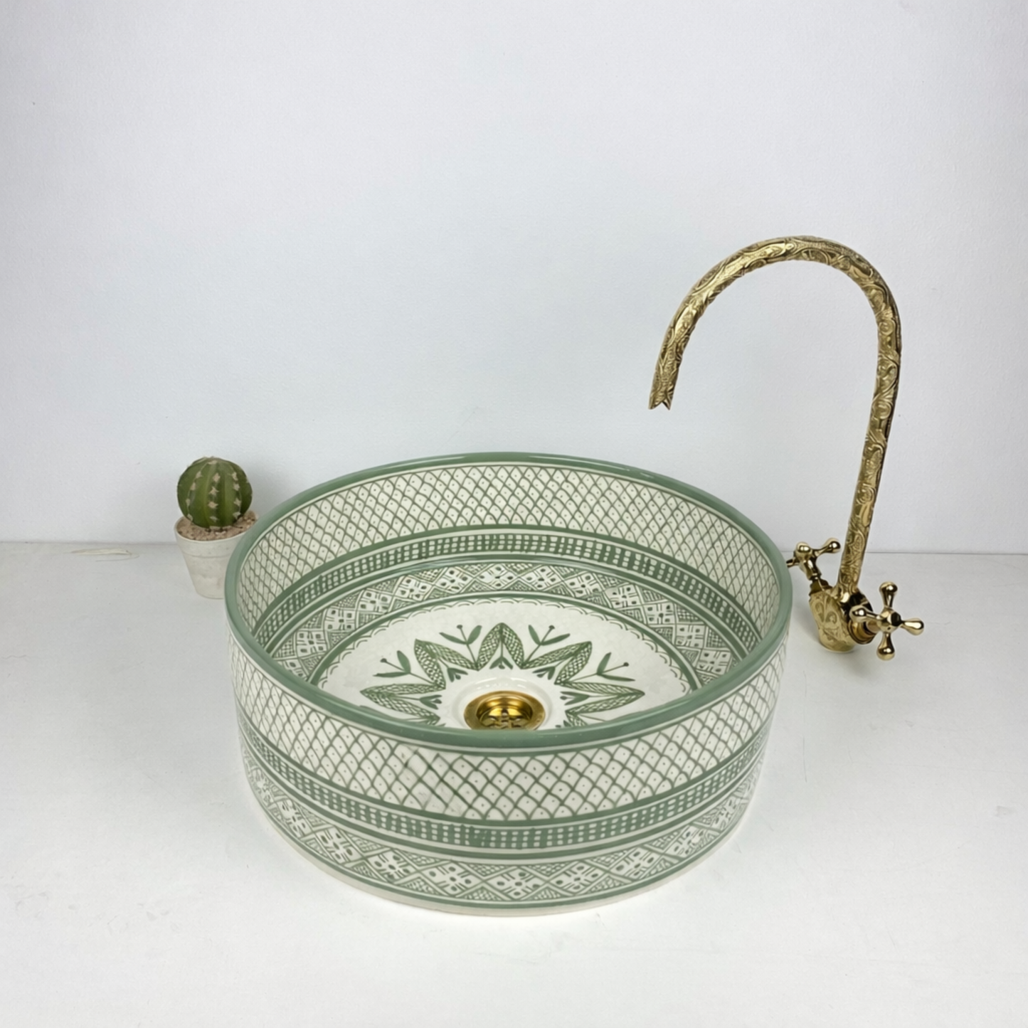 Moroccan Handcrafted round ceramic vessel sink sage green