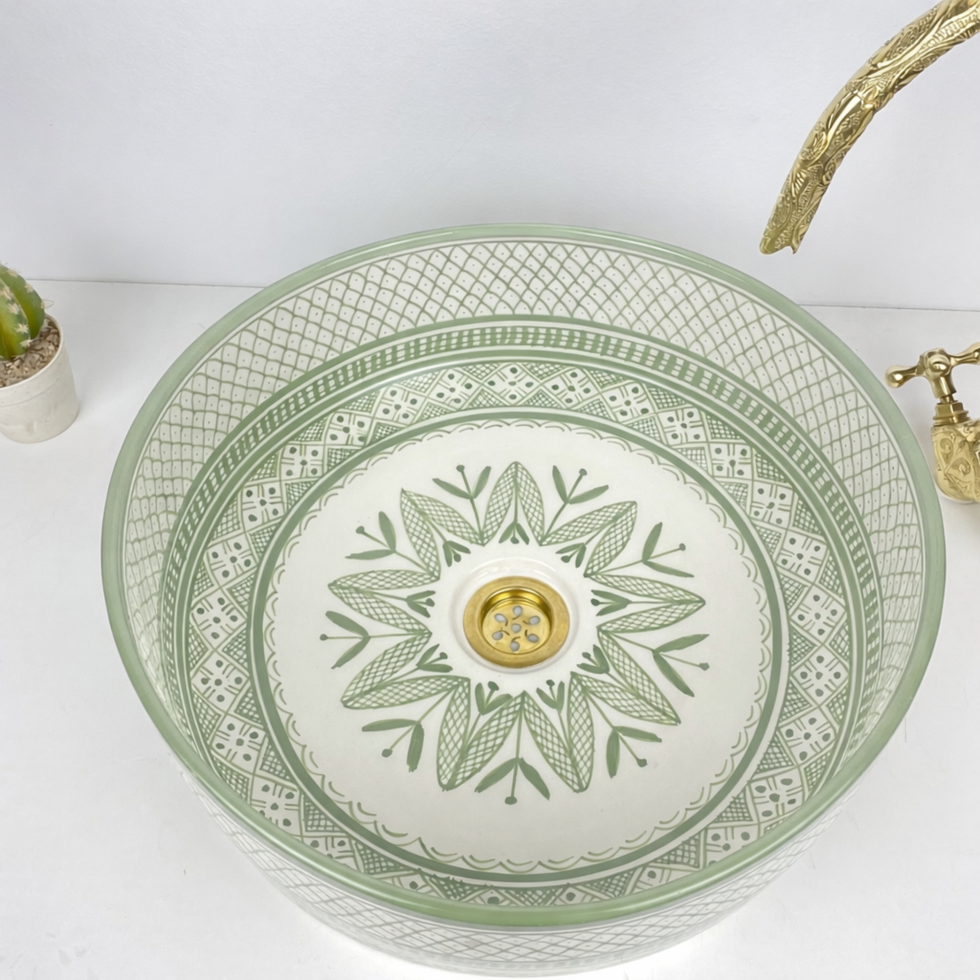 Moroccan Handcrafted round ceramic vessel sink sage green