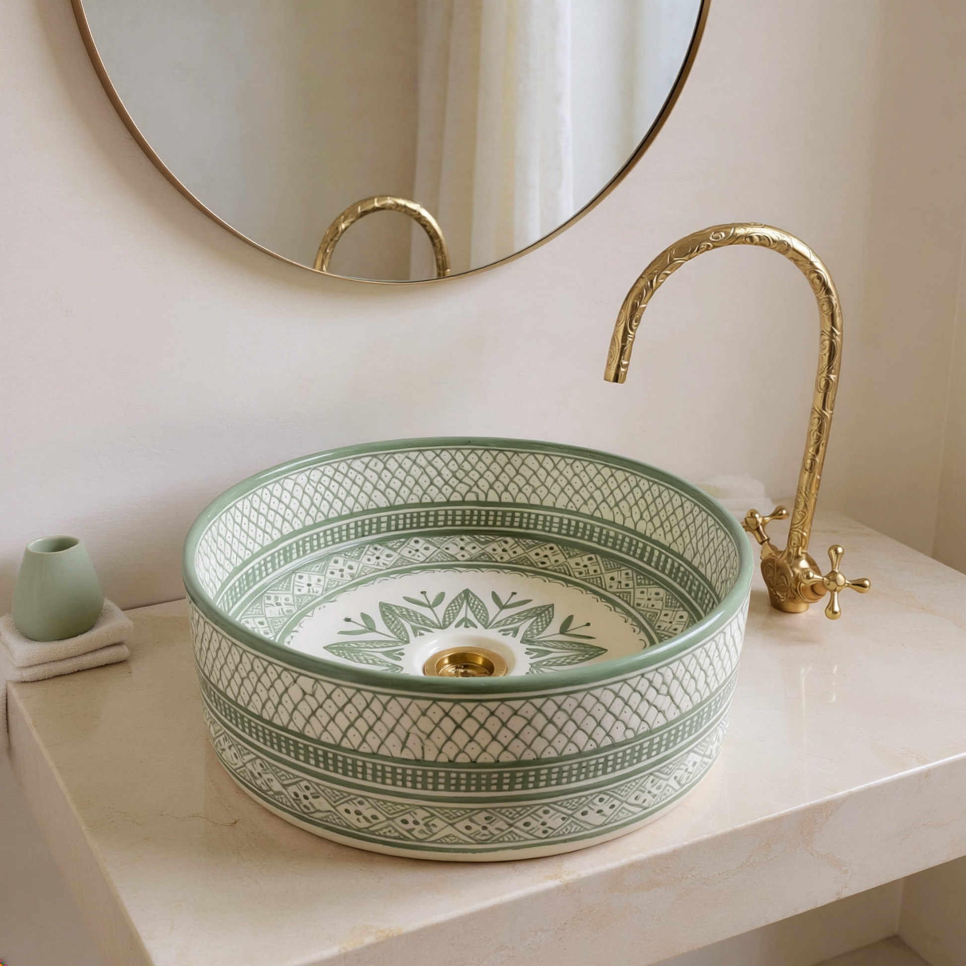 Moroccan Handcrafted round ceramic vessel sink sage green
