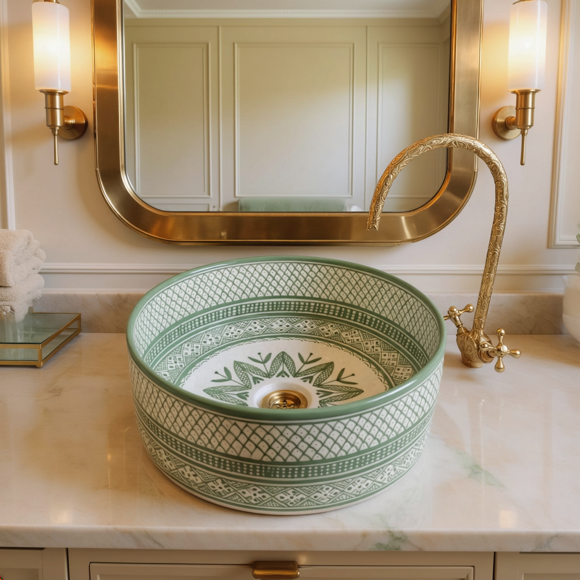 Moroccan Handcrafted round ceramic vessel sink sage green