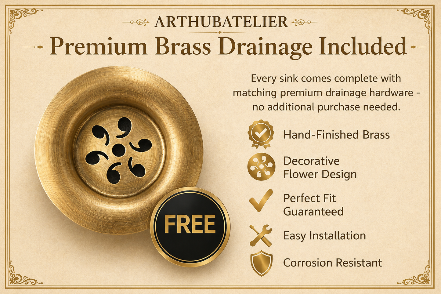 Free premium brass drainage included with Moroccan ceramic vessel sink ARTHUBATELIER