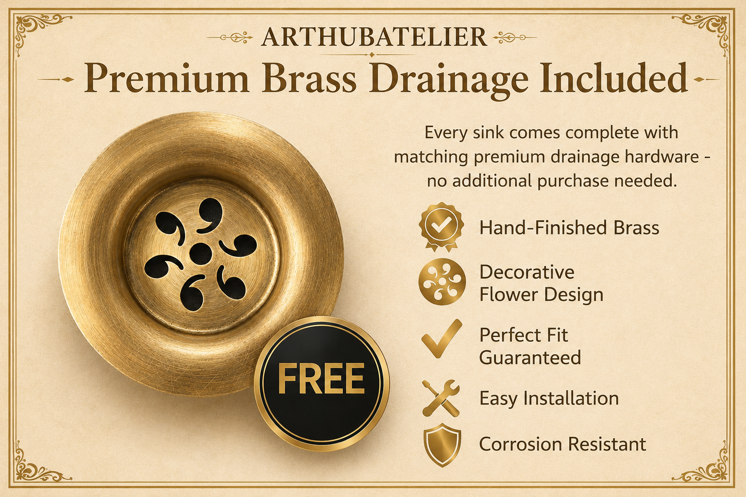 Free premium brass drainage included with Moroccan ceramic vessel sink ARTHUBATELIER