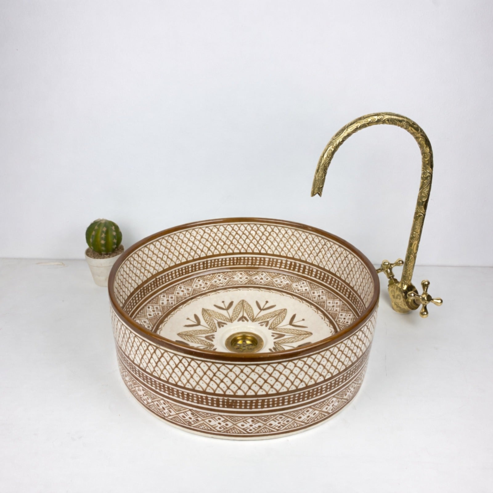 Moroccan Handcrafted round ceramic vessel sink  Brown