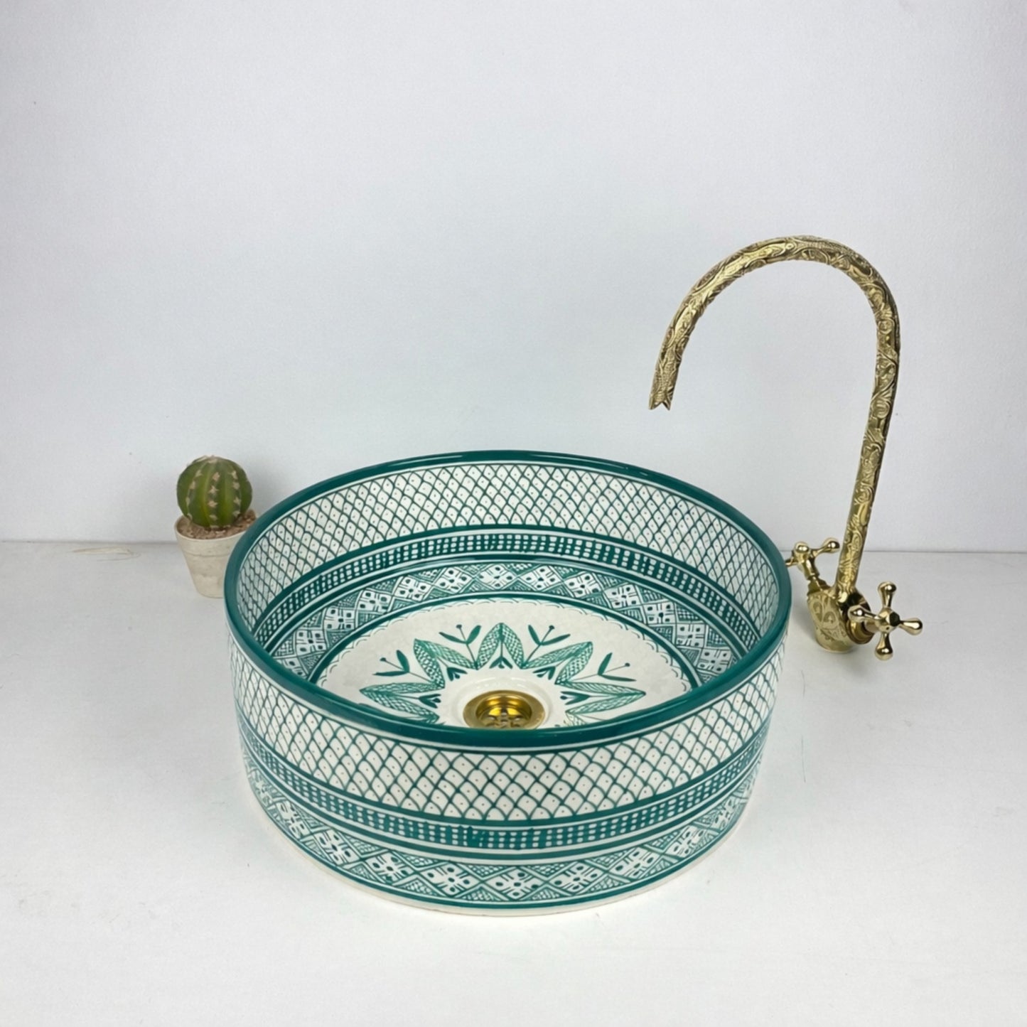 Moroccan Handcrafted round ceramic vessel sink Teal color