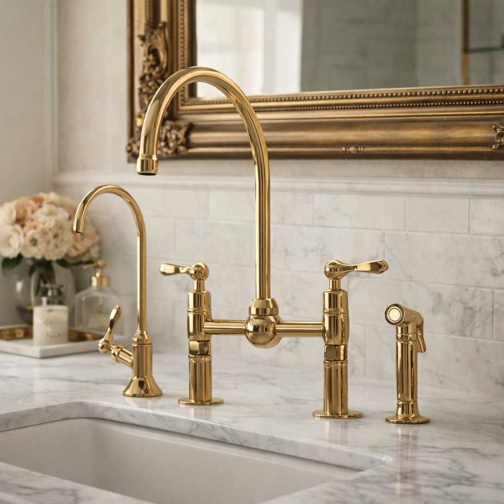 Handmade Unlacquered Brass Bridge Faucet with Side Sprayer – Luxury Kitchen or Bathroom Tap