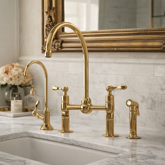 Handmade Unlacquered Brass Bridge Faucet with Side Sprayer – Luxury Kitchen or Bathroom Tap