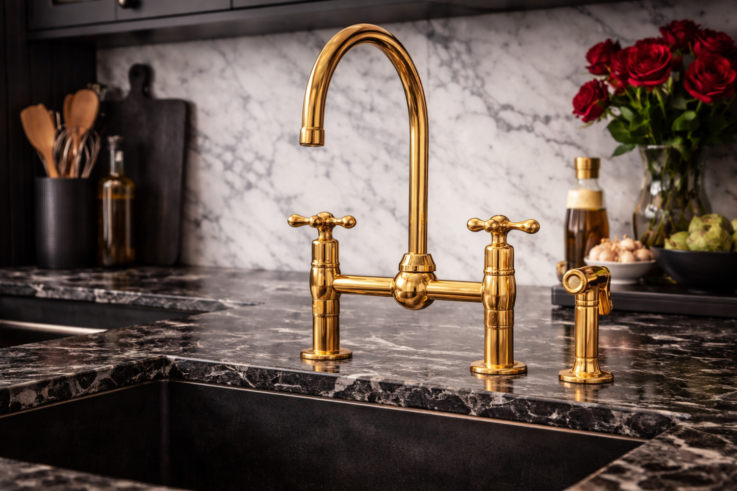 Handmade Unlacquered Brass Bridge Faucet with Side Sprayer – Luxury Kitchen or Bathroom Tap