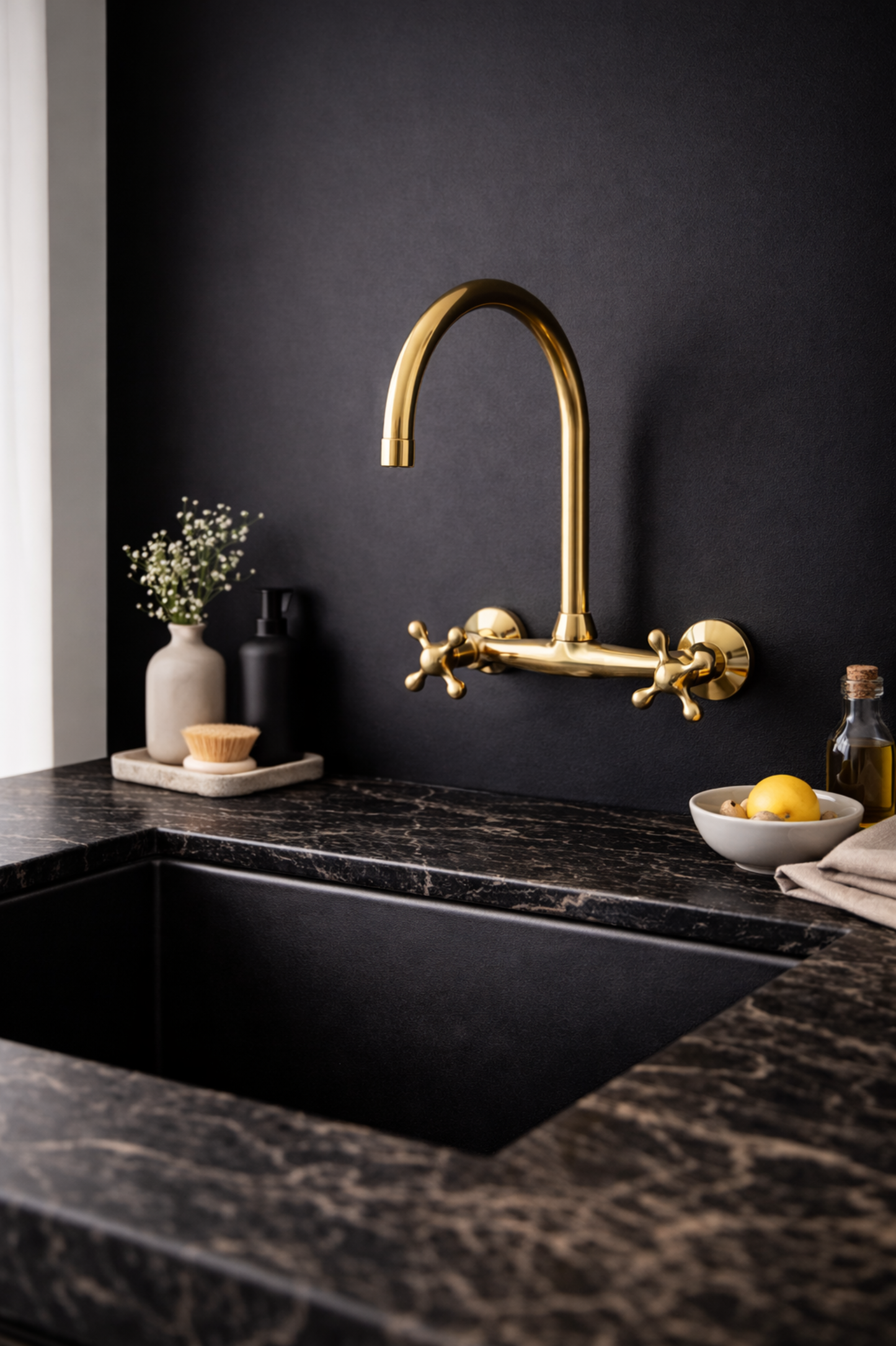 LASSQ Handcrafted Unlacquered Brass Kitchen Faucet, Wall Mounted