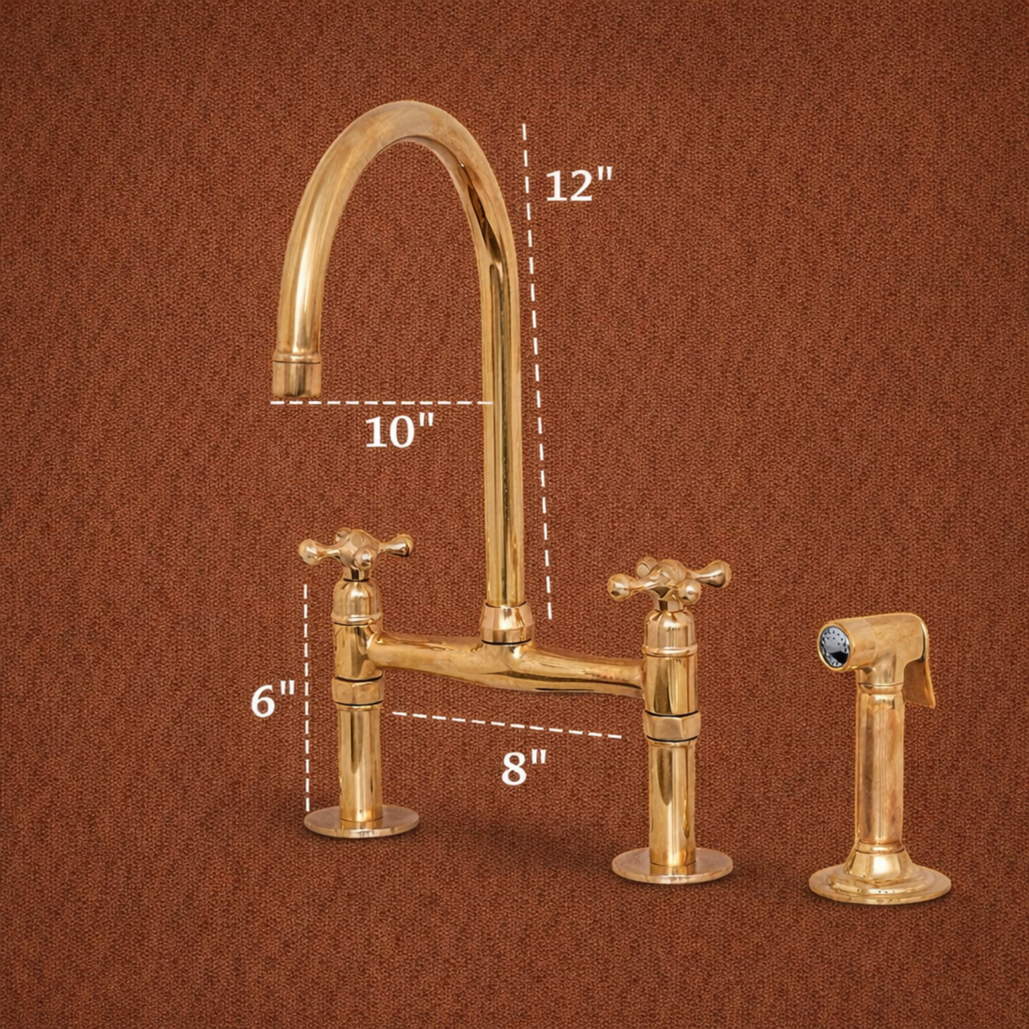 Unlacquered Brass Kitchen Bridge Faucet, 3 Hole Design with Side Sprayer & Cold Water Tap