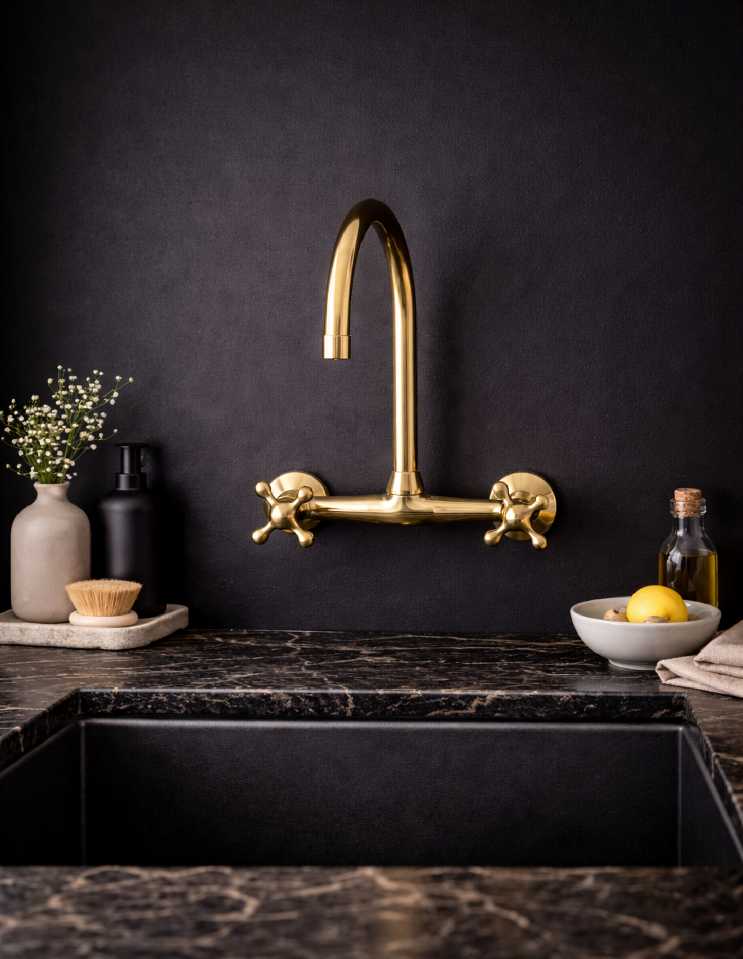 LASSQ Handcrafted Unlacquered Brass Kitchen Faucet, Wall Mounted