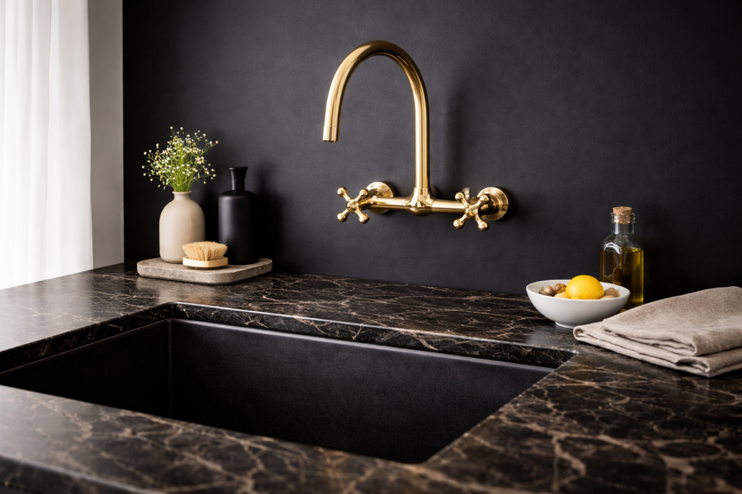 LASSQ Handcrafted Unlacquered Brass Kitchen Faucet, Wall Mounted