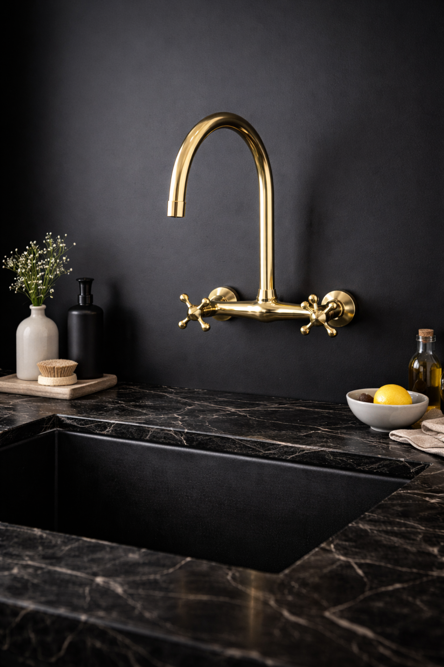 LASSQ Handcrafted Unlacquered Brass Kitchen Faucet, Wall Mounted
