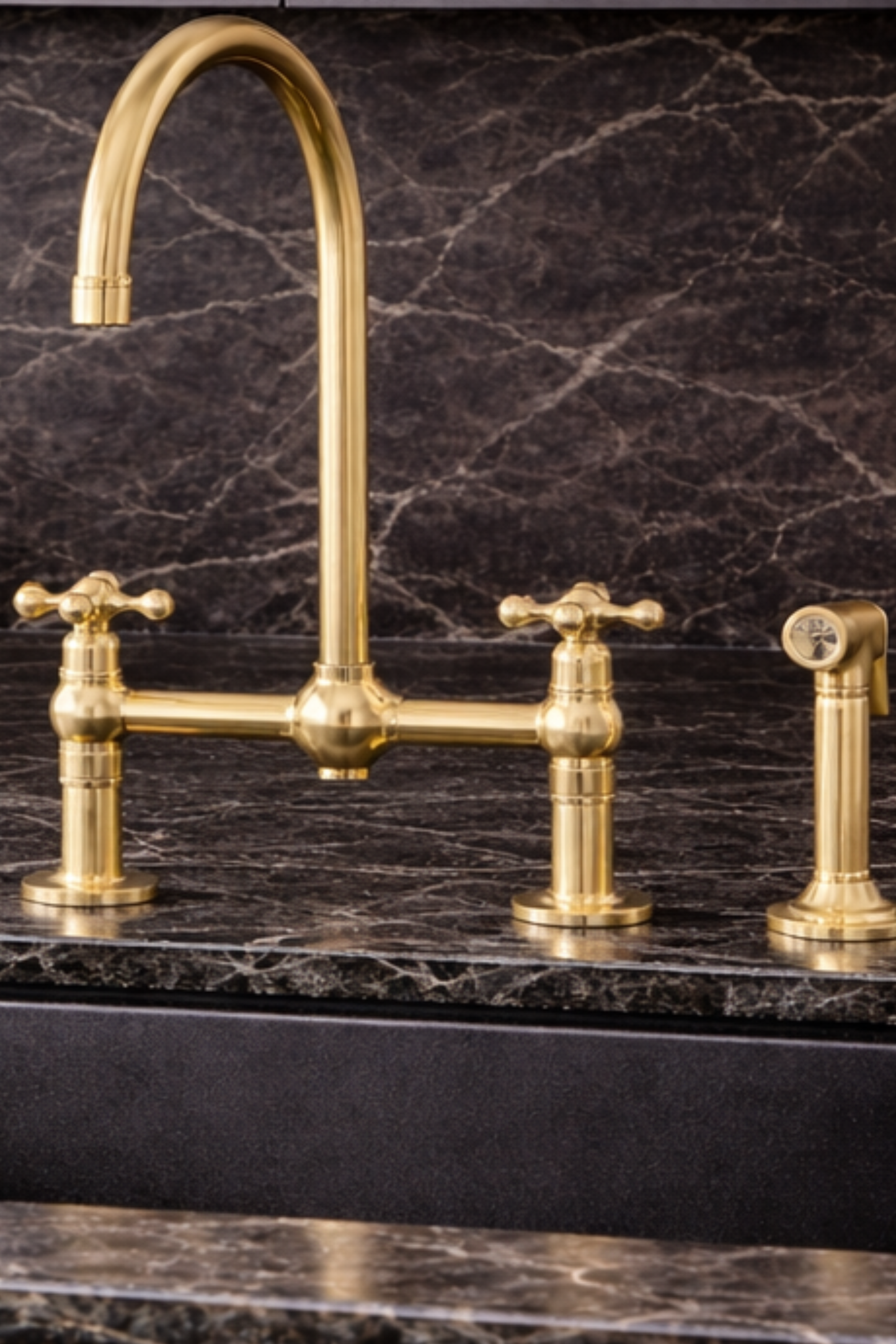 Unlacquered Brass Kitchen Bridge Faucet, 3 Hole Design with Side Sprayer & Cold Water Tap
