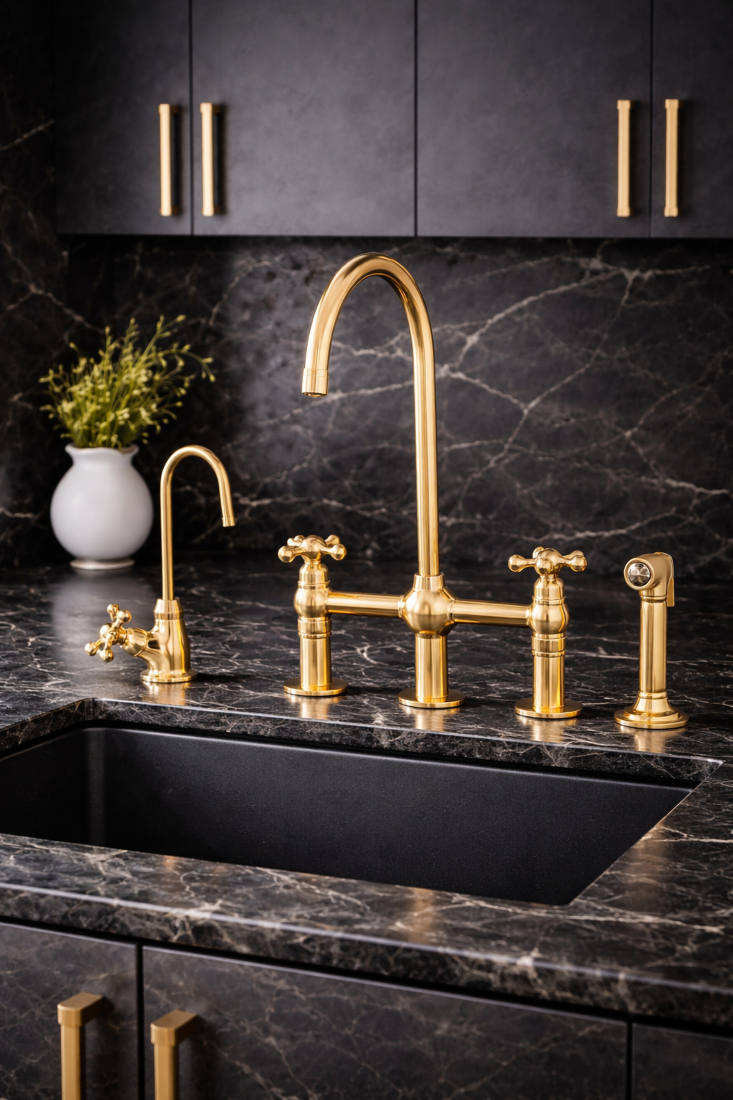 Unlacquered Brass Kitchen Bridge Faucet, 3 Hole Design with Side Sprayer & Cold Water Tap
