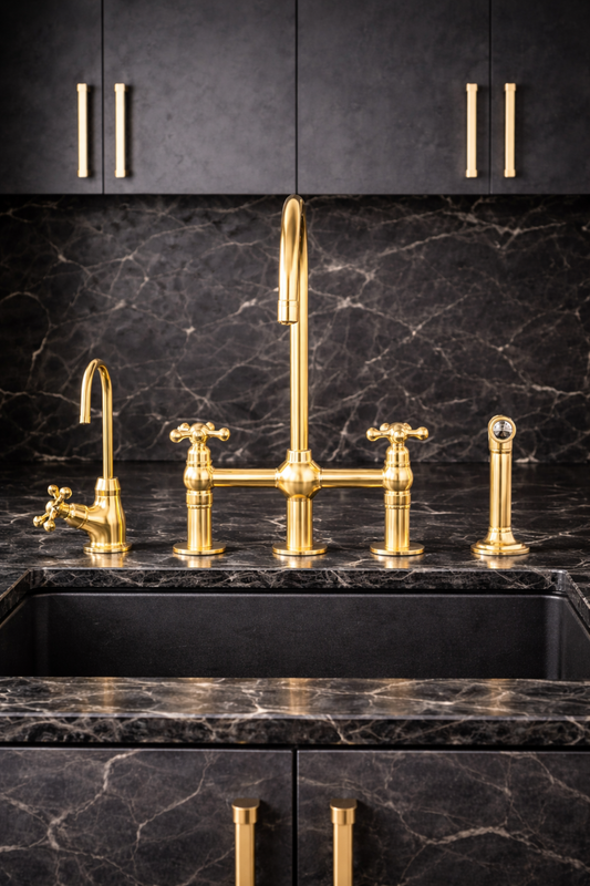 Unlacquered Brass Kitchen Bridge Faucet, 3 Hole Design with Side Sprayer & Cold Water Tap