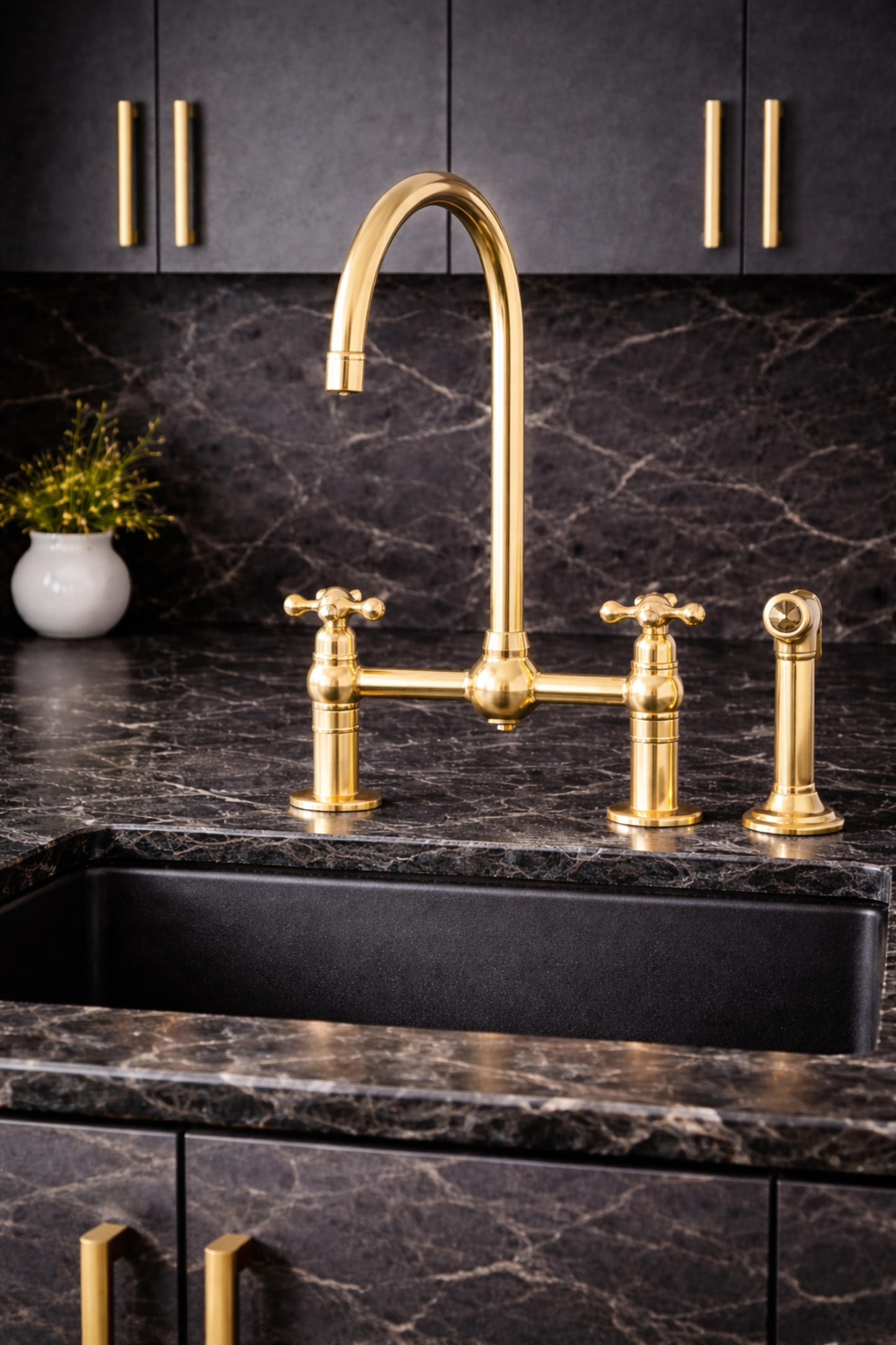 Unlacquered Brass Kitchen Bridge Faucet, 3 Hole Design with Side Sprayer & Cold Water Tap