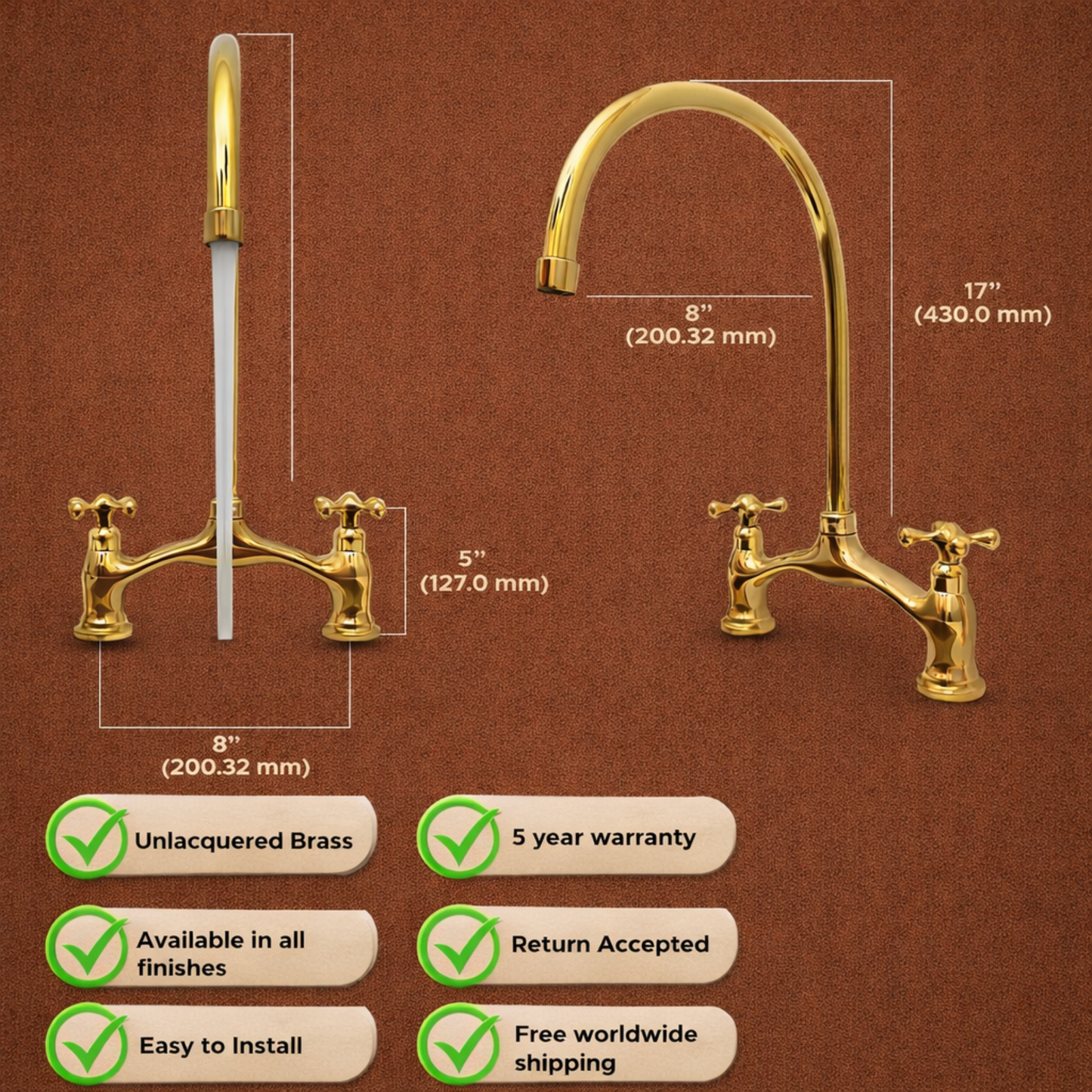 Timeless Victorian Style Brass Bridge Faucet, Solid Brass Handmade Kitchen Tap