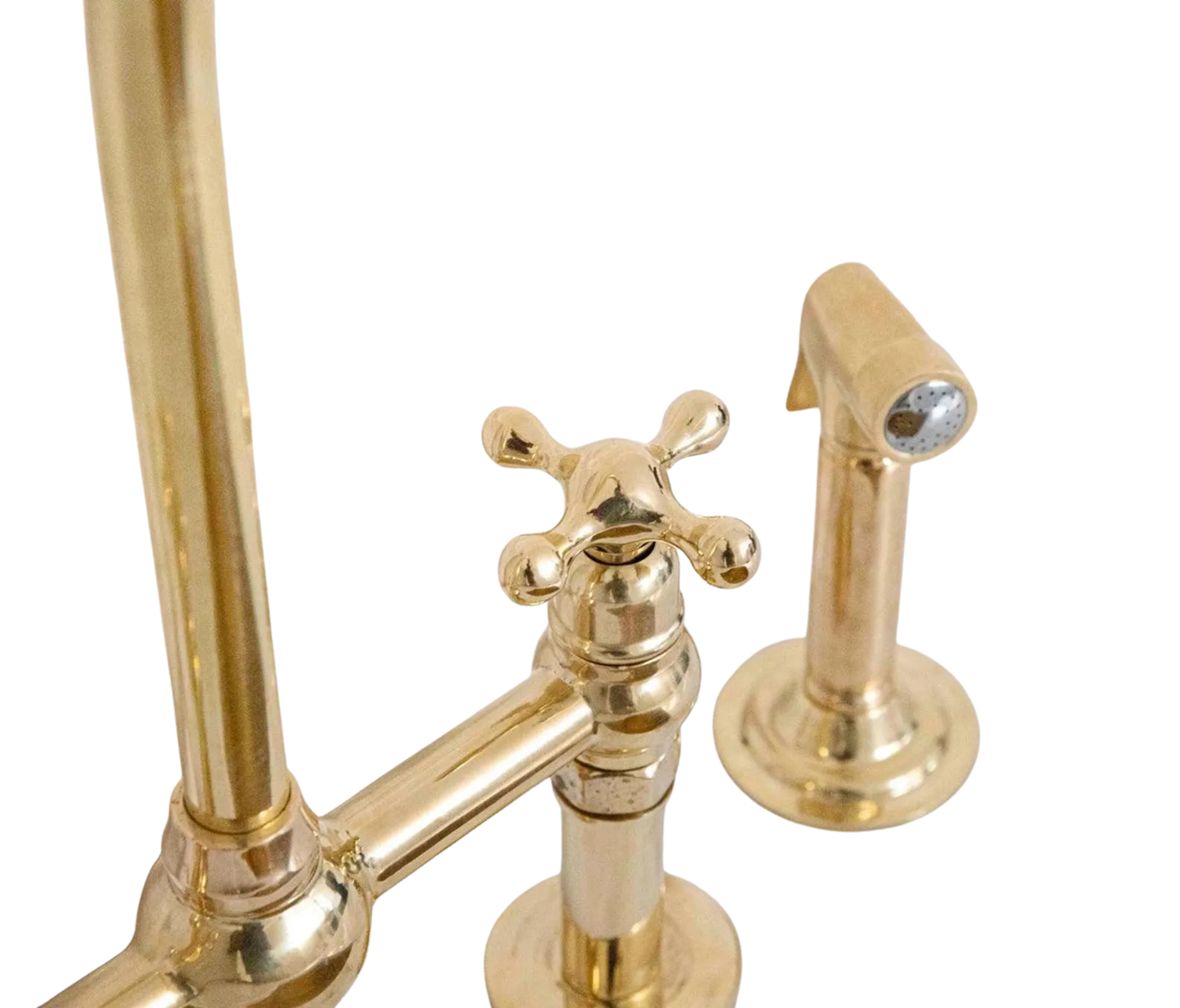 Unlacquered Brass Kitchen Bridge Faucet, 3 Hole Design with Side Sprayer & Cold Water Tap