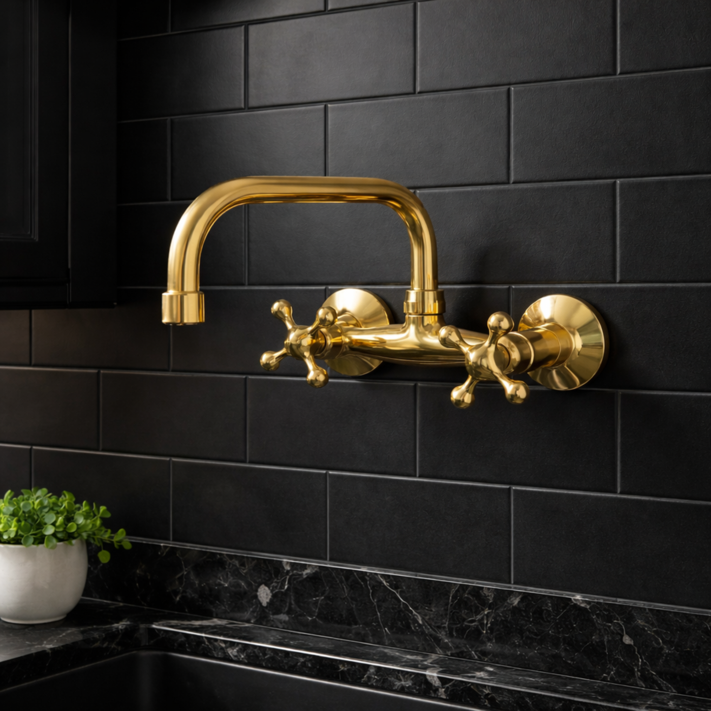 Handcrafted Unlacquered Brass Wall Mount Faucet, Swivel Gooseneck, Two Handles