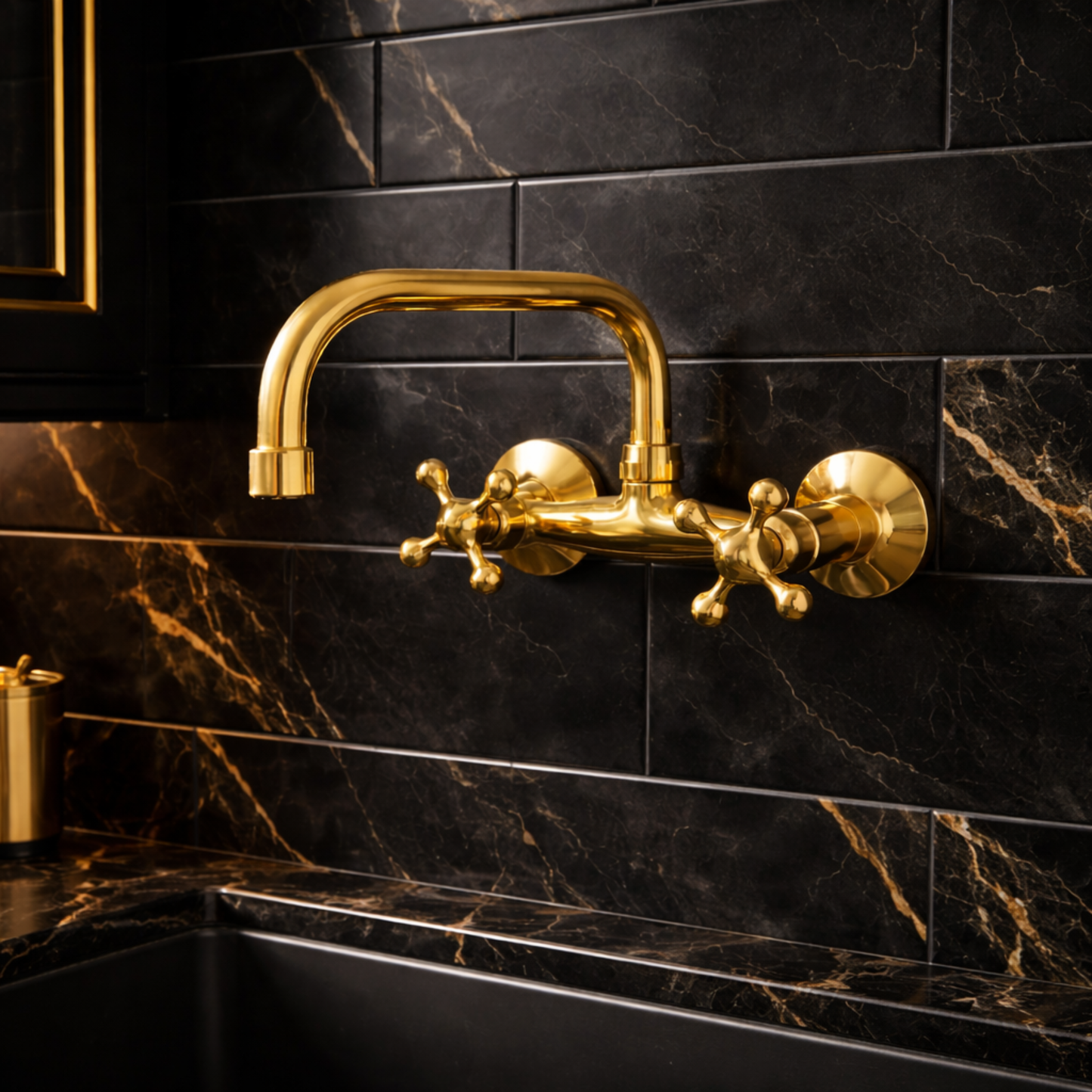 Handcrafted Unlacquered Brass Wall Mount Faucet, Swivel Gooseneck, Two Handles