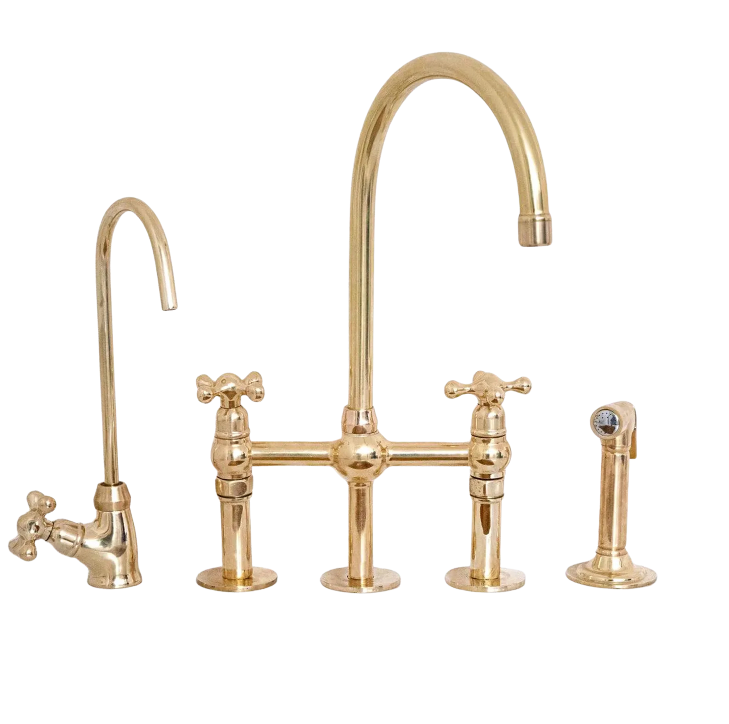 Unlacquered Brass Kitchen Bridge Faucet, 3 Hole Design with Side Sprayer & Cold Water Tap
