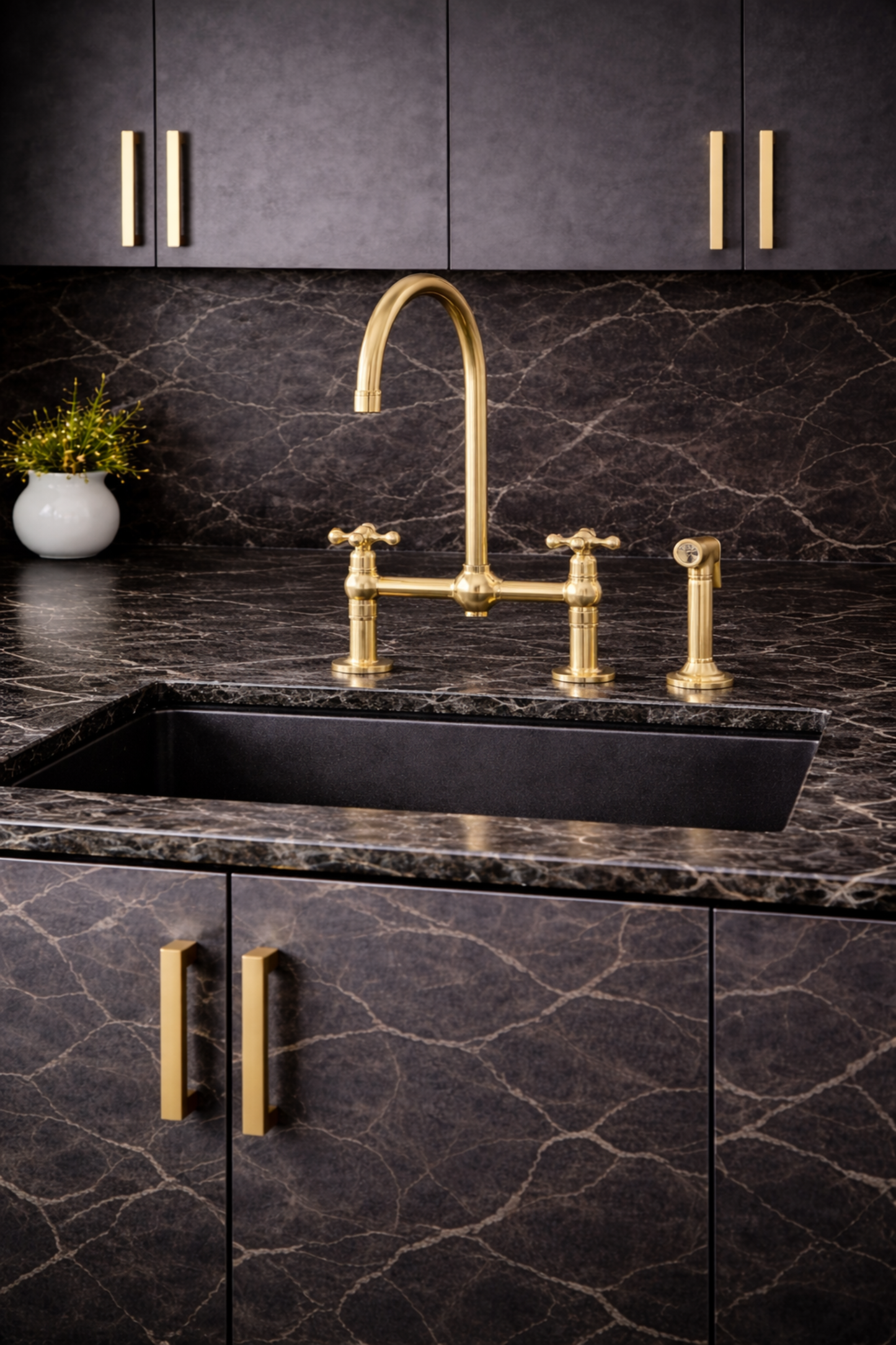 Unlacquered Brass Kitchen Bridge Faucet, 3 Hole Design with Side Sprayer & Cold Water Tap
