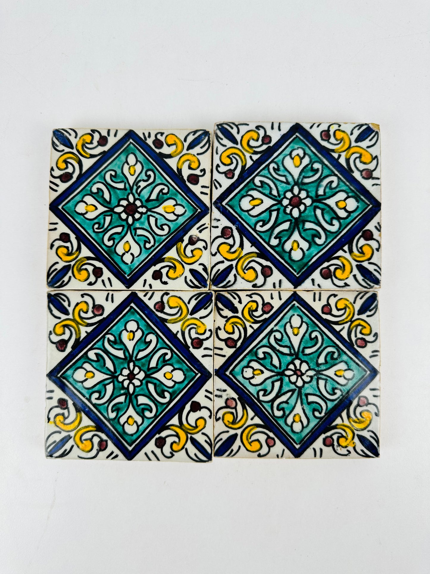 Hand-Painted Moroccan Floral Diamond Tile Set