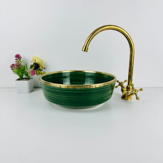 Emerald Opulence: Handcrafted Ceramic Sink with Brass Accents