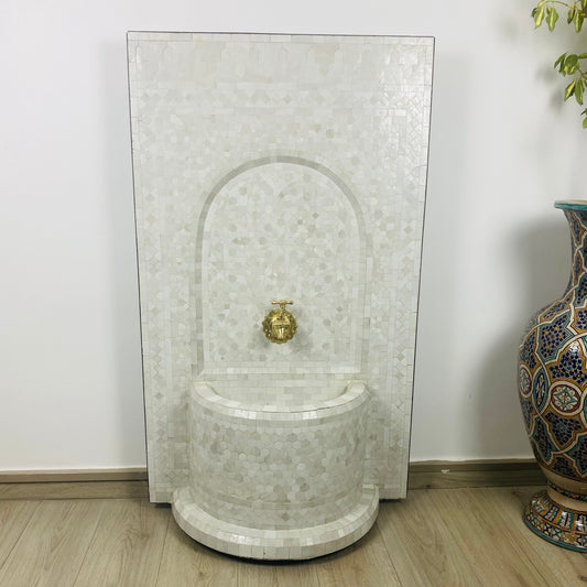 Custom Mosaic Fountain white for Outdoor and Indoor, Mid Century Fountain water inside, Moroccan Mosaic Fountain