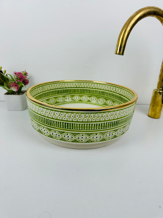 Golden Fields: Handcrafted Ceramic Sink with Light Green and Gold 14 k Details