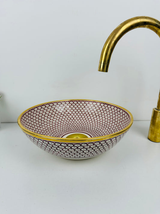 Gold 14K Scarlet: Handcrafted Ceramic Sink with Dark Red Interior and Black Exterior Finish