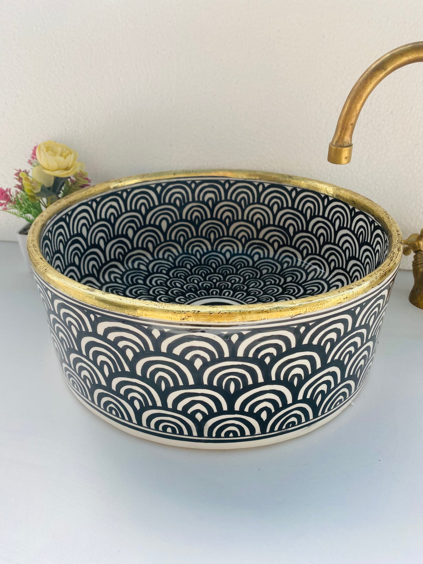 Bathroom vessel sink with brass - washbasin mid century hand painted sink - modern bathroom basin