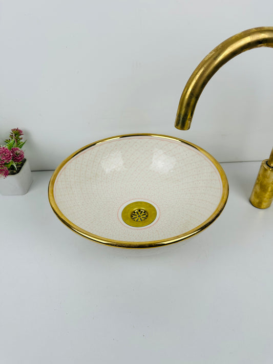 Sophistique Chic: Handcrafted Ceramic Sink with Elegant Design in natural tones and 14 k Gold