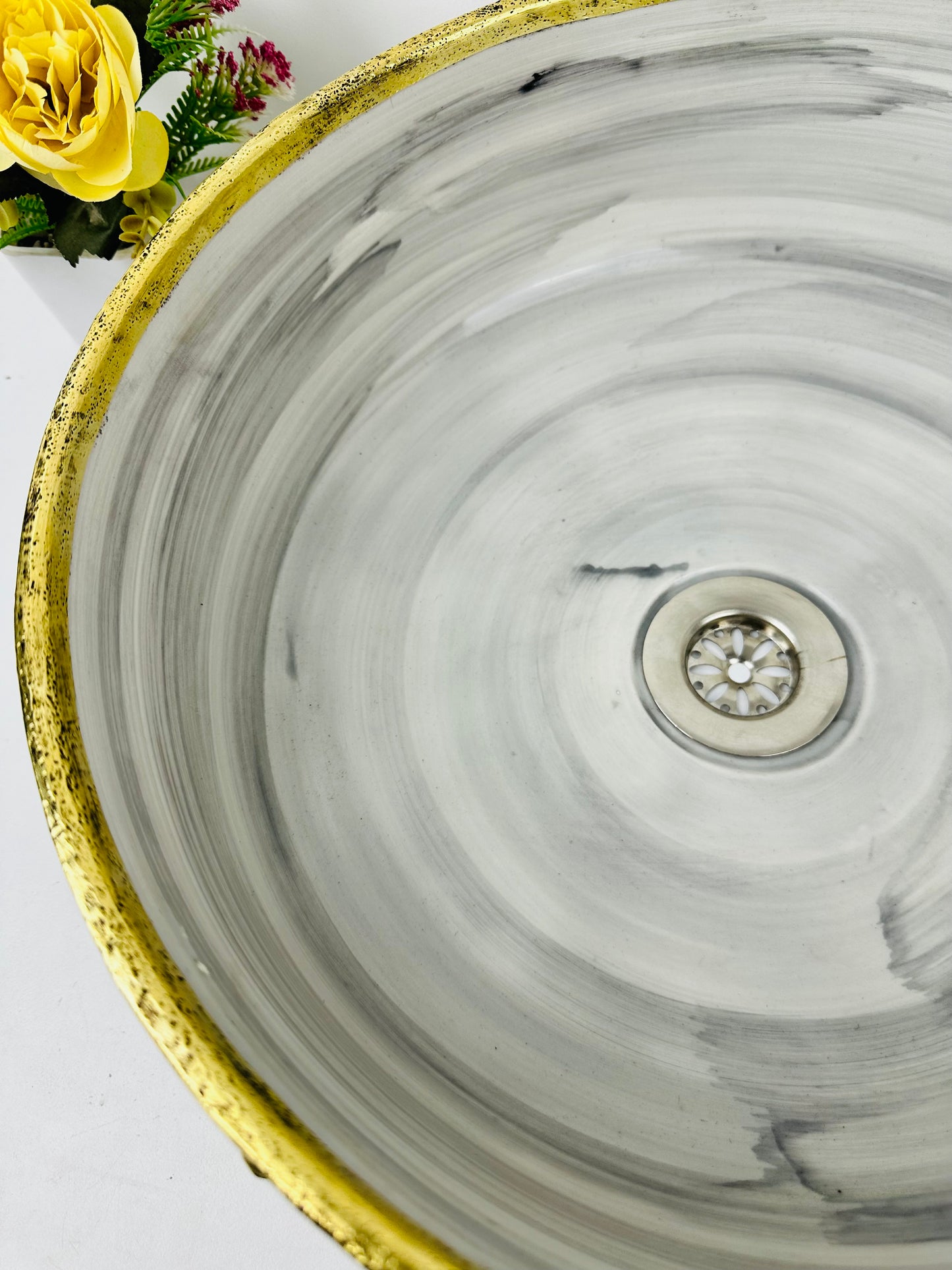 Ashen Angles: Handcrafted Ceramic Sink in Gray with Brass Triangle Detailing