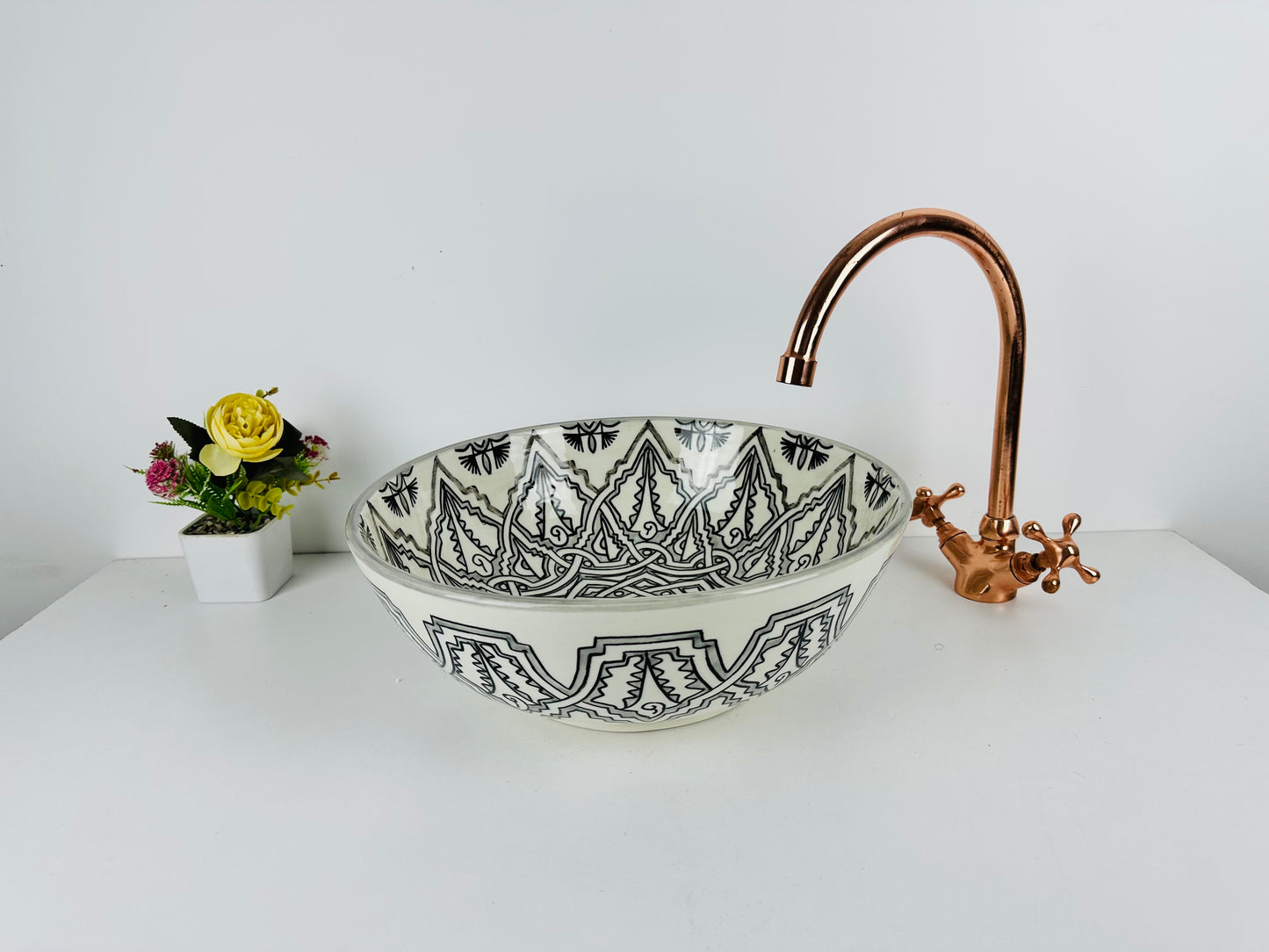 Moroccan Mist: Handcrafted Ceramic Sink with Gray Moroccan Design