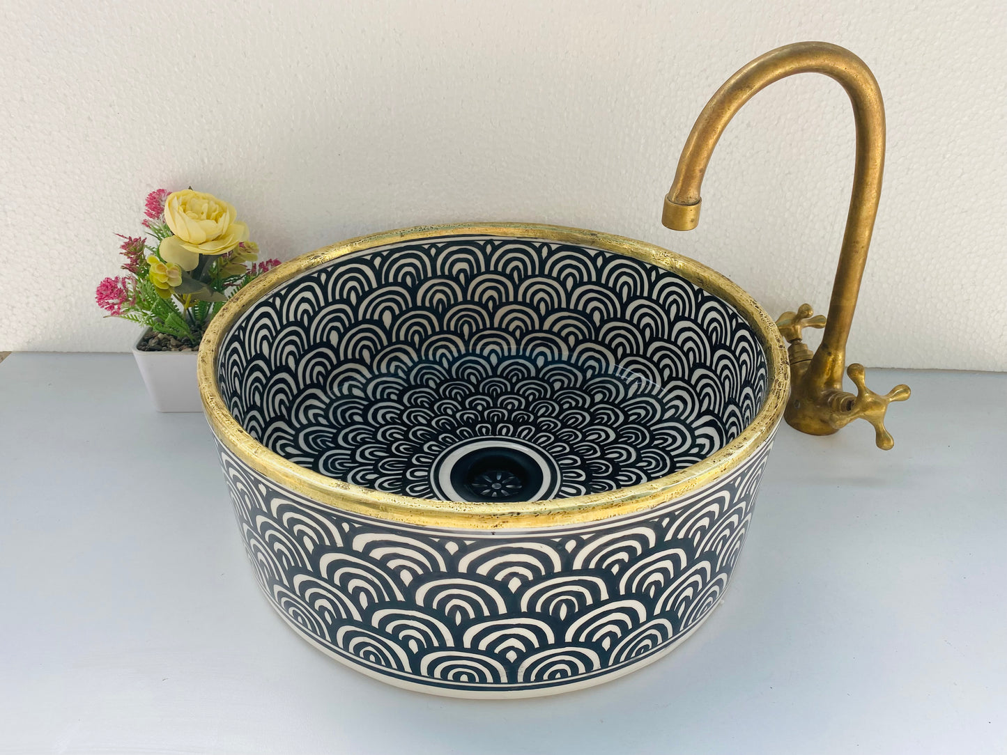 Bathroom vessel sink with brass - washbasin mid century hand painted sink - modern bathroom basin