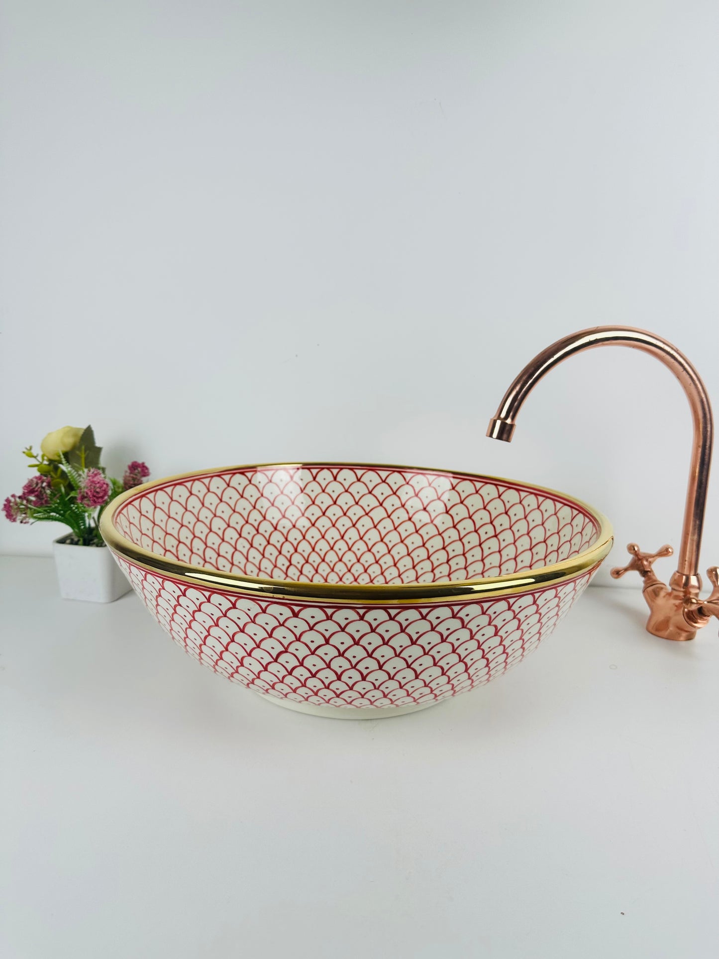 Pink 14 Karat Gold rimmed ceramic sink -  handcrafted bathroom vessel - rose lavatory modern bowl washbasin