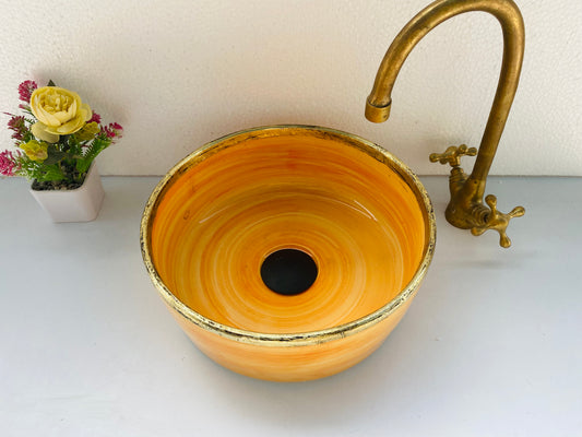 Orange bathroom sink - Brushed Solid Brass Rimmed Basin -  Basin with Mid-Century Modern - blue ceramic sink Artisanal Farmhouse  Basin