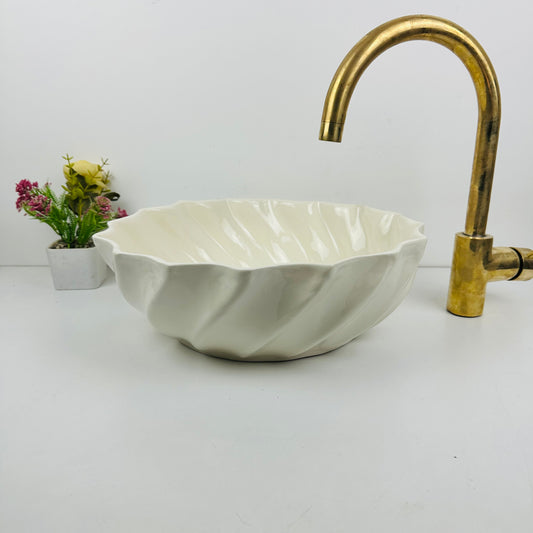 Sandy Waves: Handcrafted Beige Ceramic Sink with Wave-Inspired Design