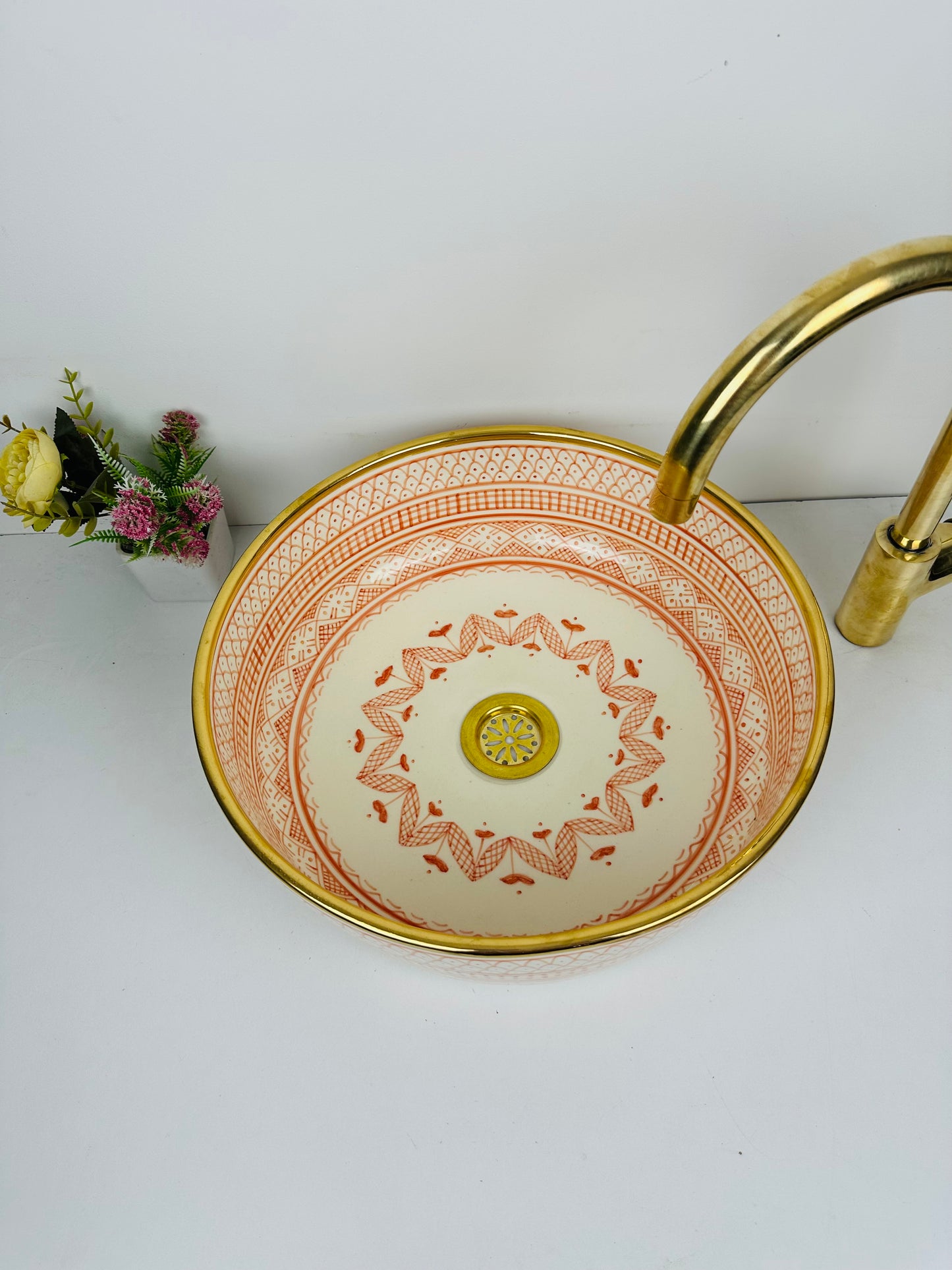 Sunrise Serenity: Handcrafted Ceramic Sink in Light Salmon and 14K gold