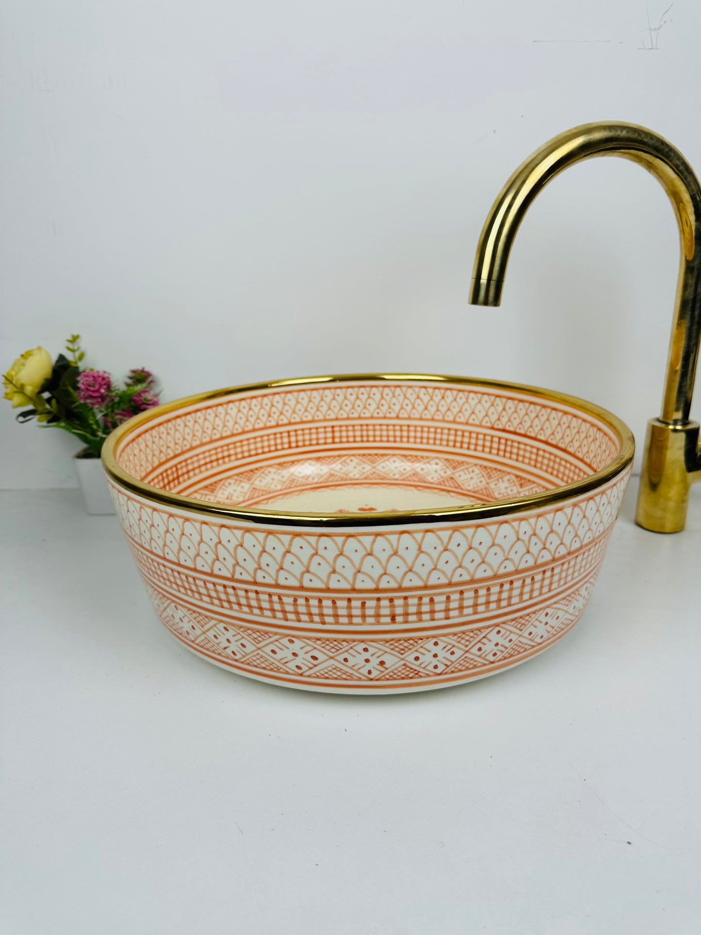 Sunrise Serenity: Handcrafted Ceramic Sink in Light Salmon and 14K gold