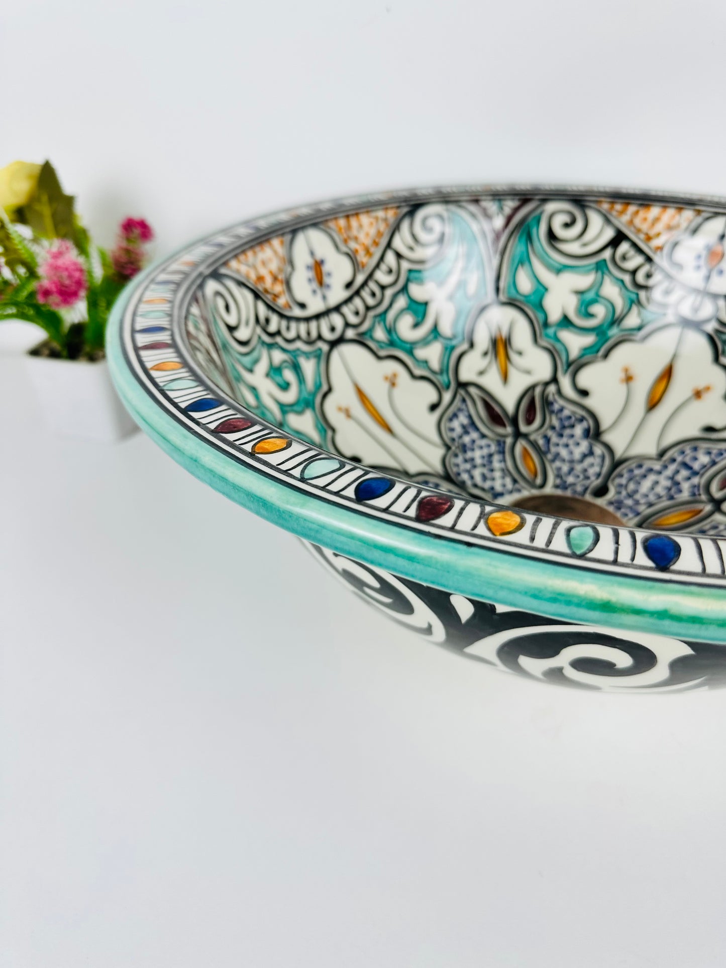 Traditional Tapestry: Handcrafted Ceramic Sink in Multicolored Traditional Design