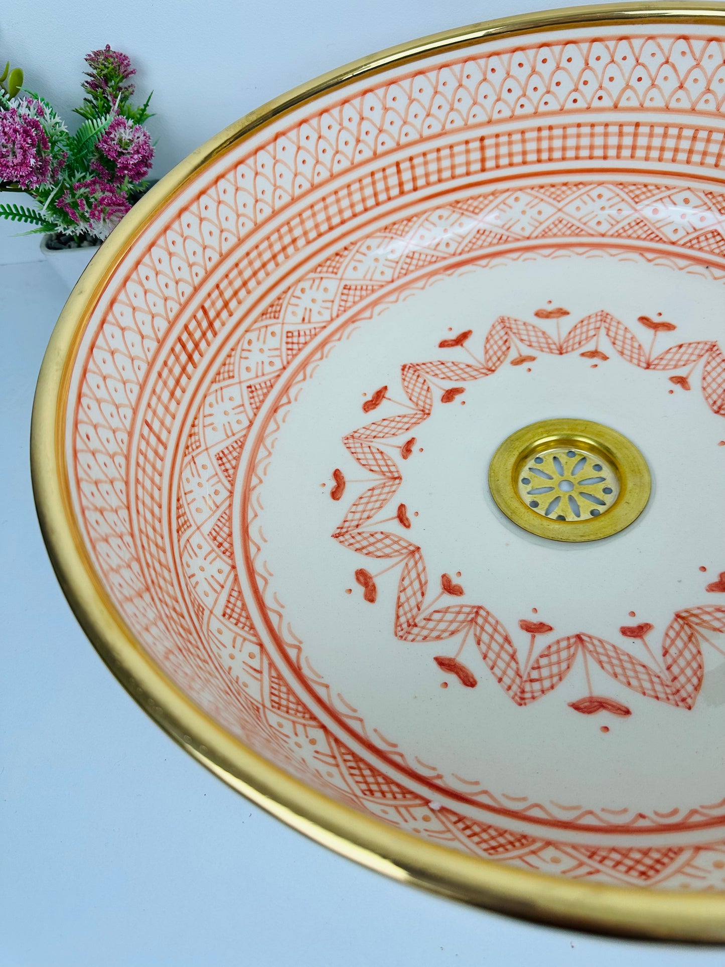 Sunrise Serenity: Handcrafted Ceramic Sink in Light Salmon and 14K gold