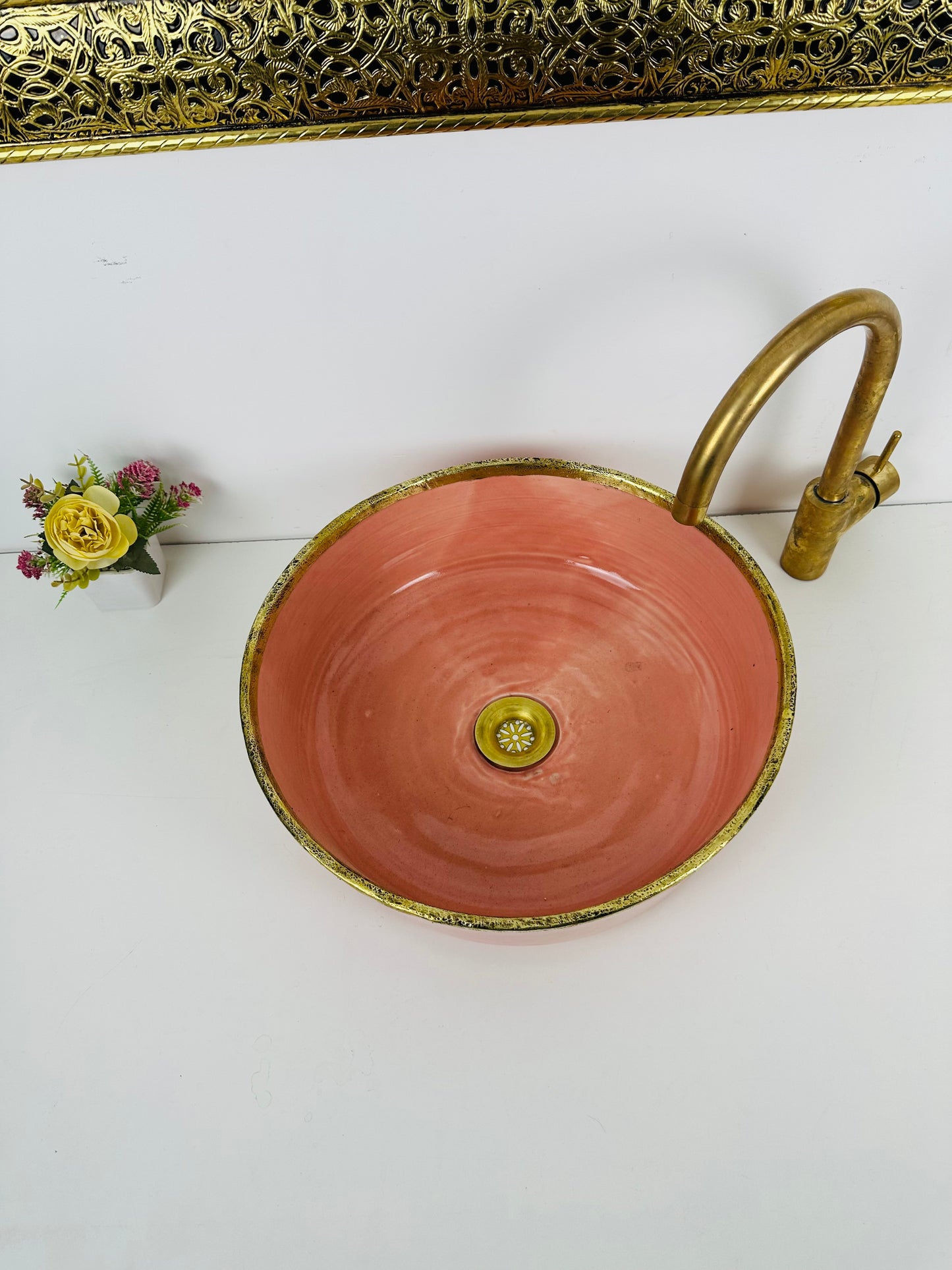 light orange vessel 100% handmade/hand painted - brass rimmed basin