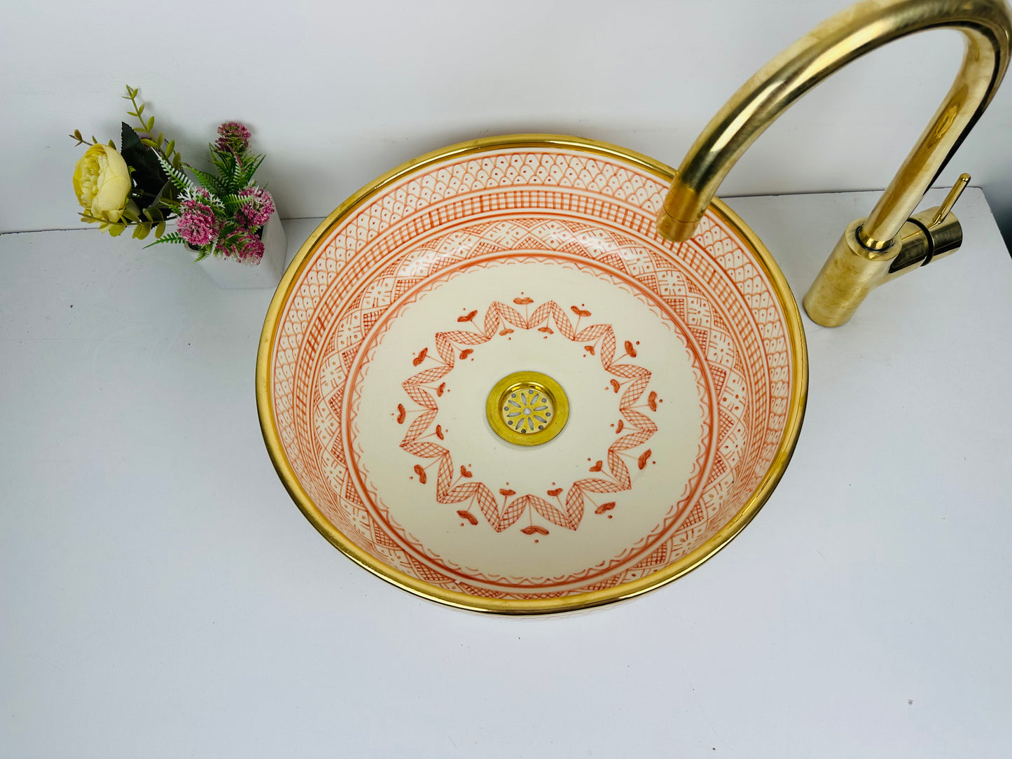 Sunrise Serenity: Handcrafted Ceramic Sink in Light Salmon and 14K gold