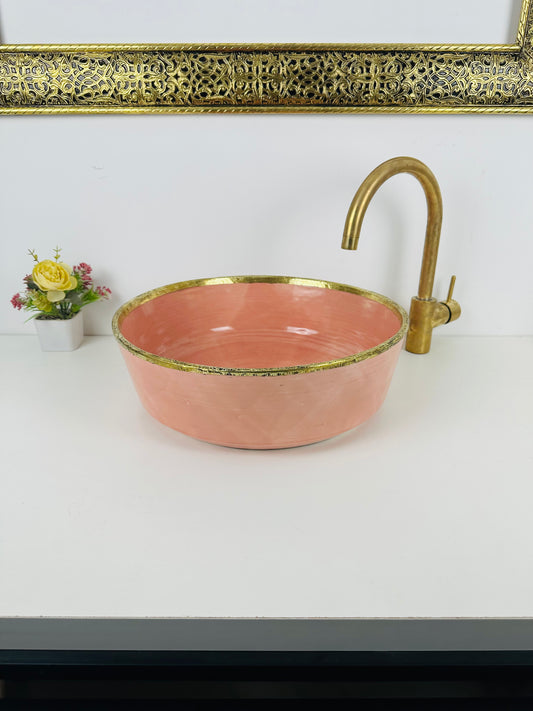 light orange vessel 100% handmade/hand painted - brass rimmed basin