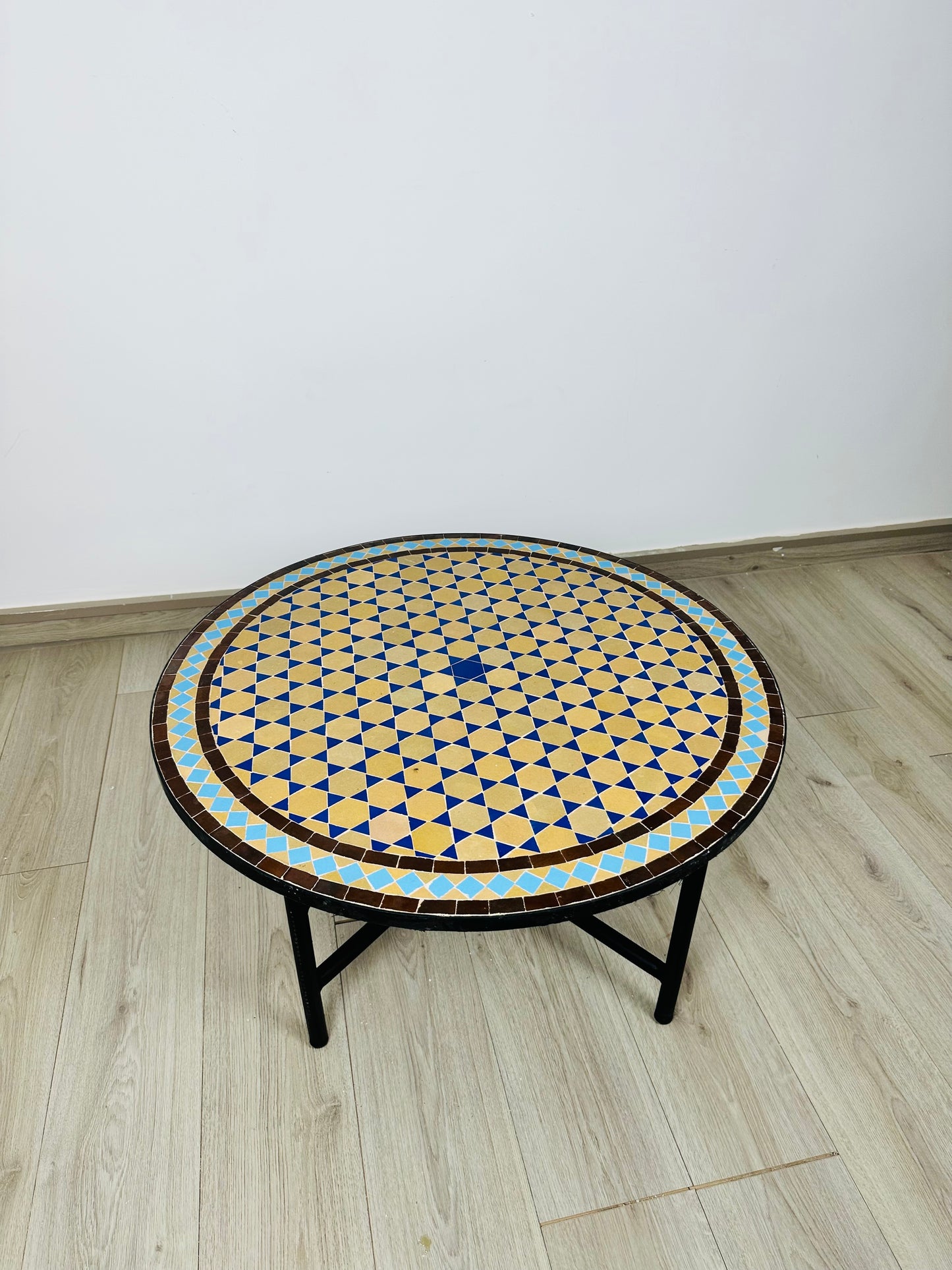 Raw Clay Handcrafted Moroccan Mosaic Table – Desert Gold & Azure Blue