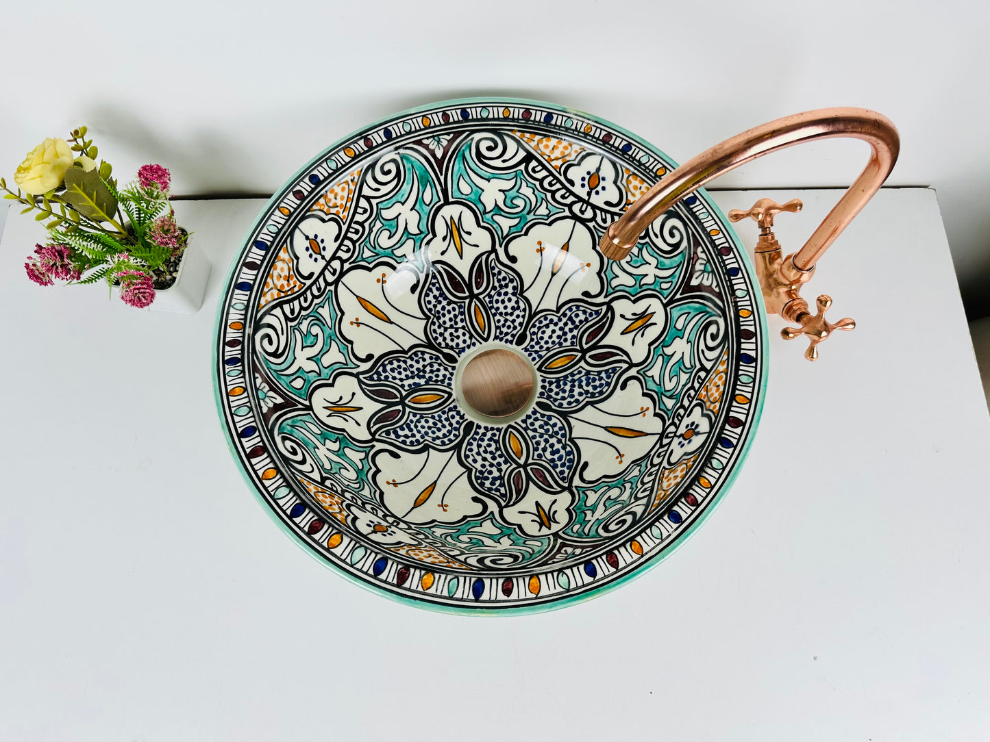 Traditional Tapestry: Handcrafted Ceramic Sink in Multicolored Traditional Design