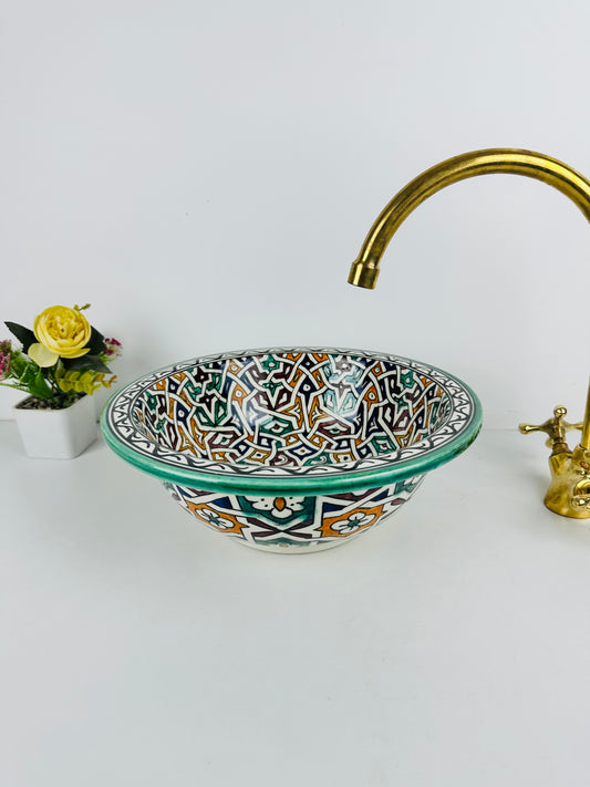 Nature's Palette: Handcrafted Ceramic Sink with Green and Multicolored Accents